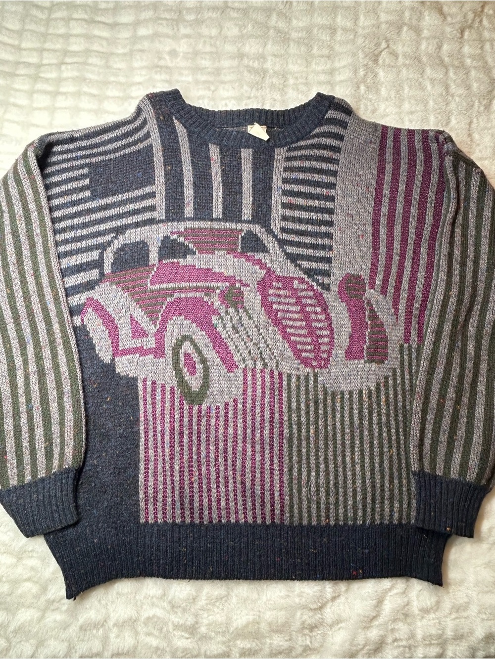 Vintage Gray Sweater with Pink and Green Car Motif